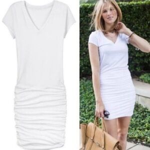 Athleta size LT Topanga white V-neck dress shirred , super slimming